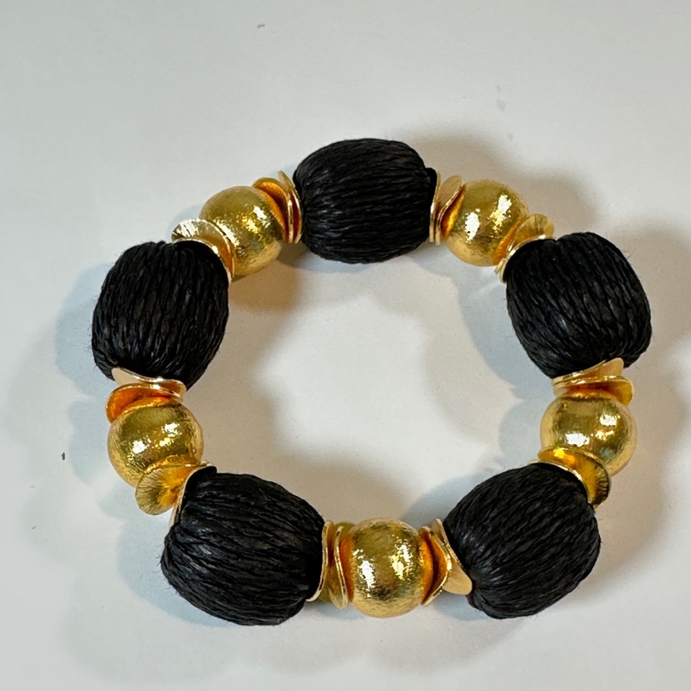Black Raffia + Brushed Gold Bead Stretch Bracelet | Stackable